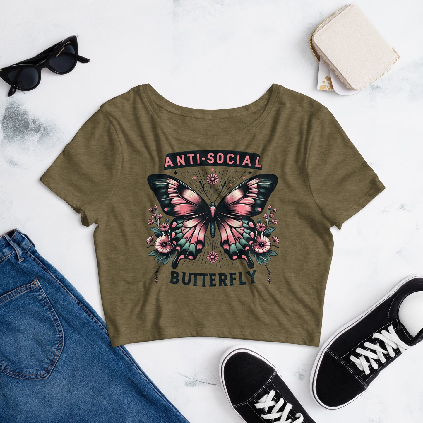 Women’s Crop Tee "Anti-Social Butterfly"