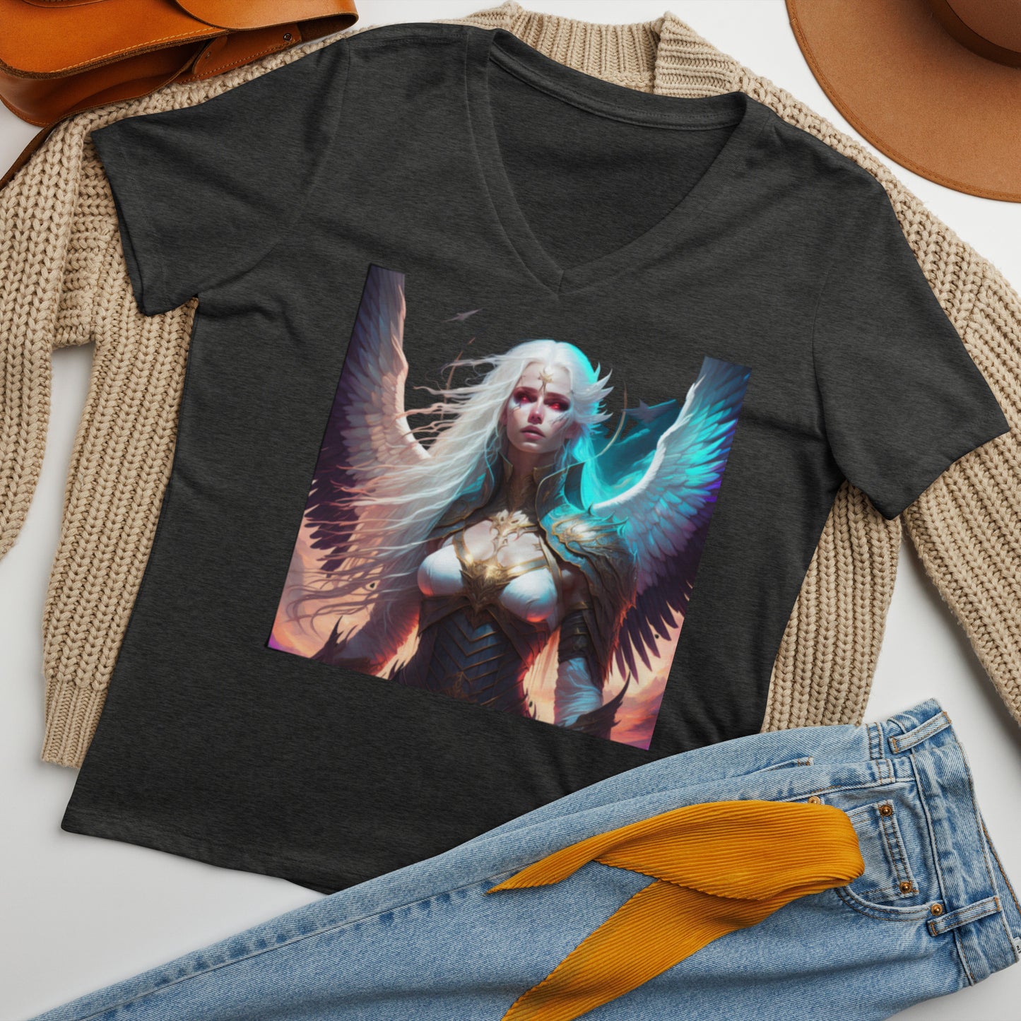 Women’s relaxed v-neck t-shirt, Angel "Silence and Storm:"