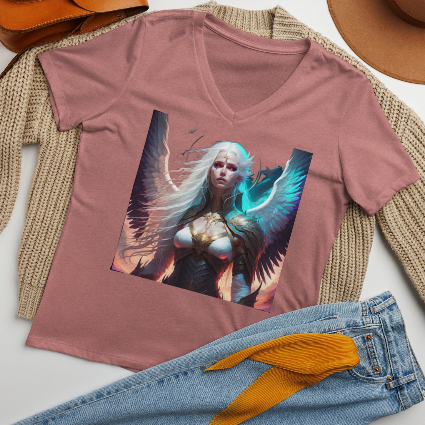 Women’s relaxed v-neck t-shirt, Angel "Silence and Storm:"