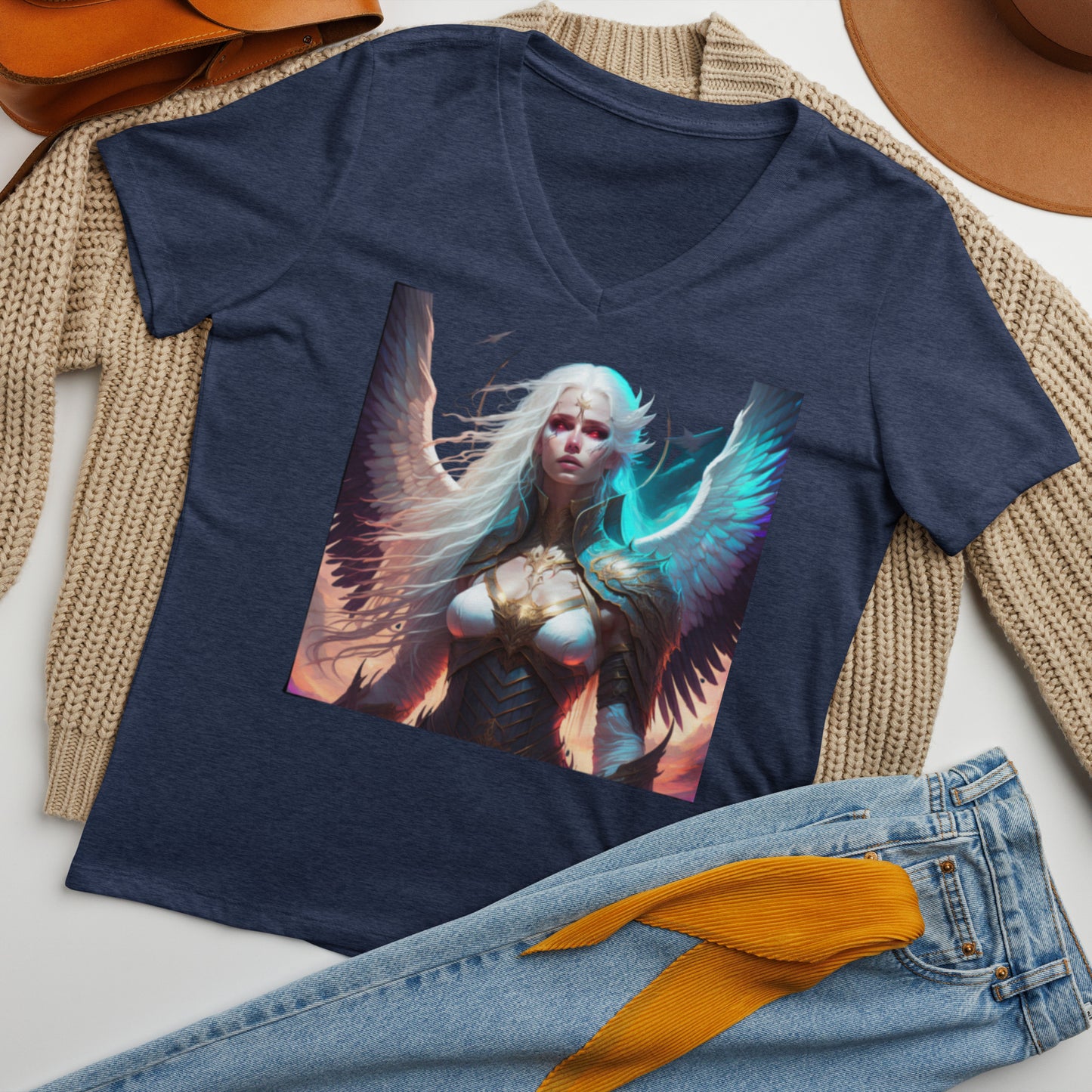 Women’s relaxed v-neck t-shirt, Angel "Silence and Storm:"