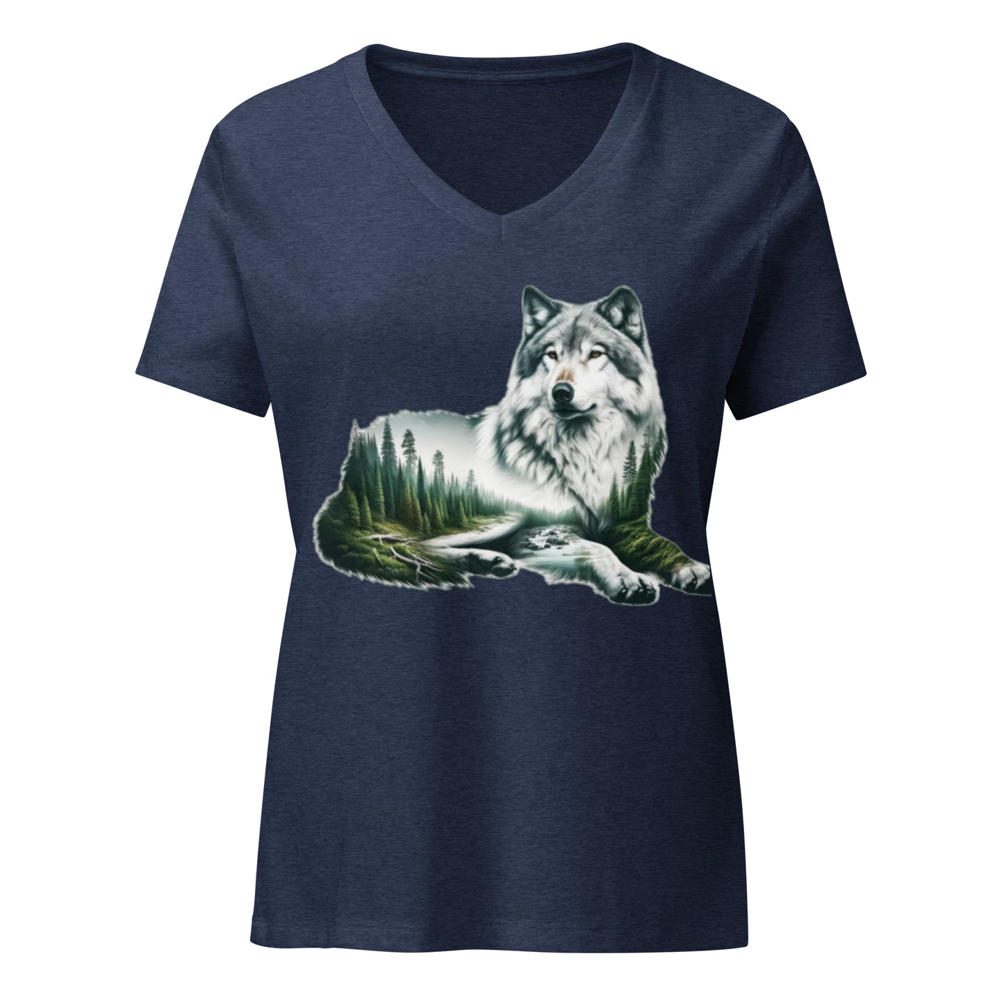 Women’s relaxed v-neck t-shirt, Wolf by the River