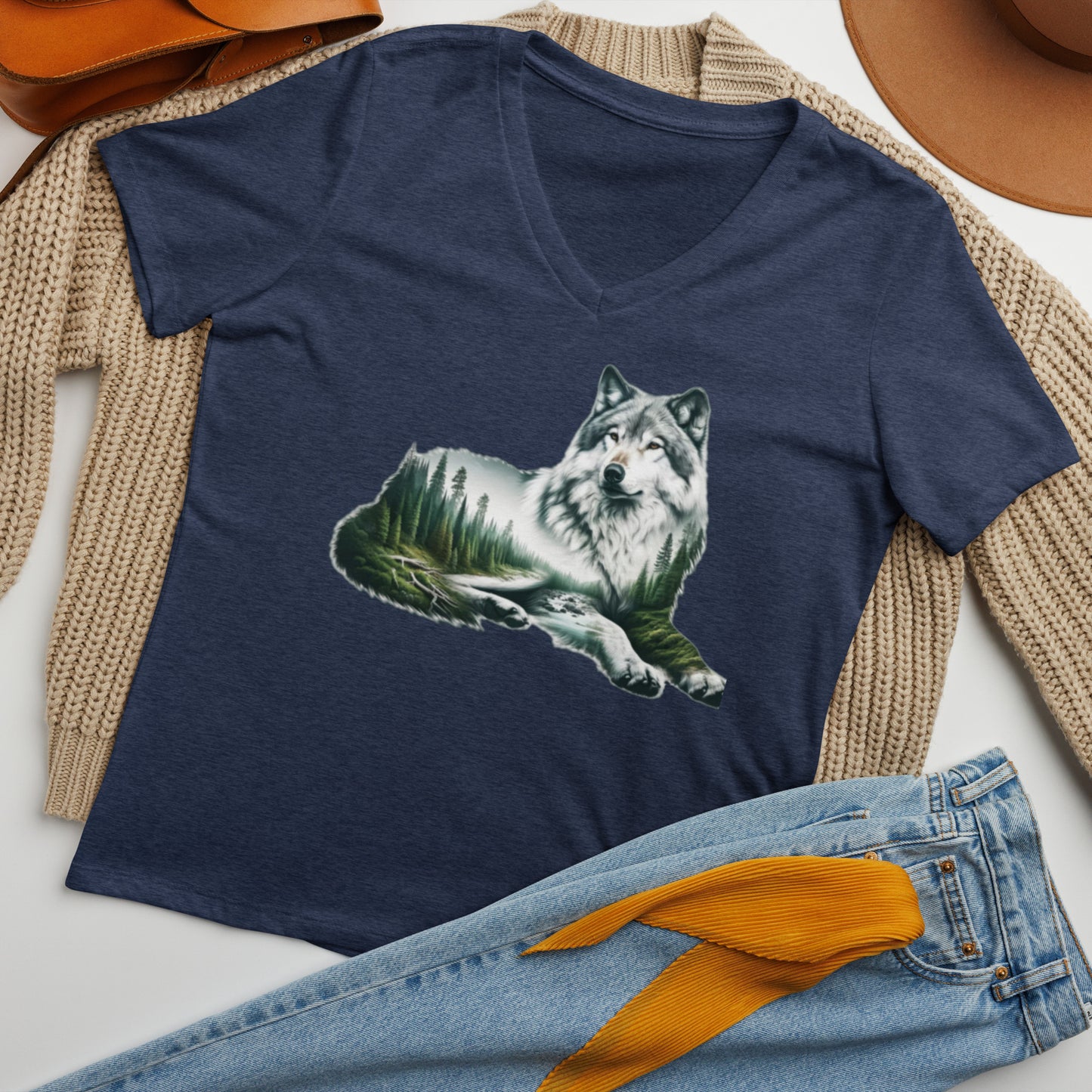 Women’s relaxed v-neck t-shirt, Wolf by the River