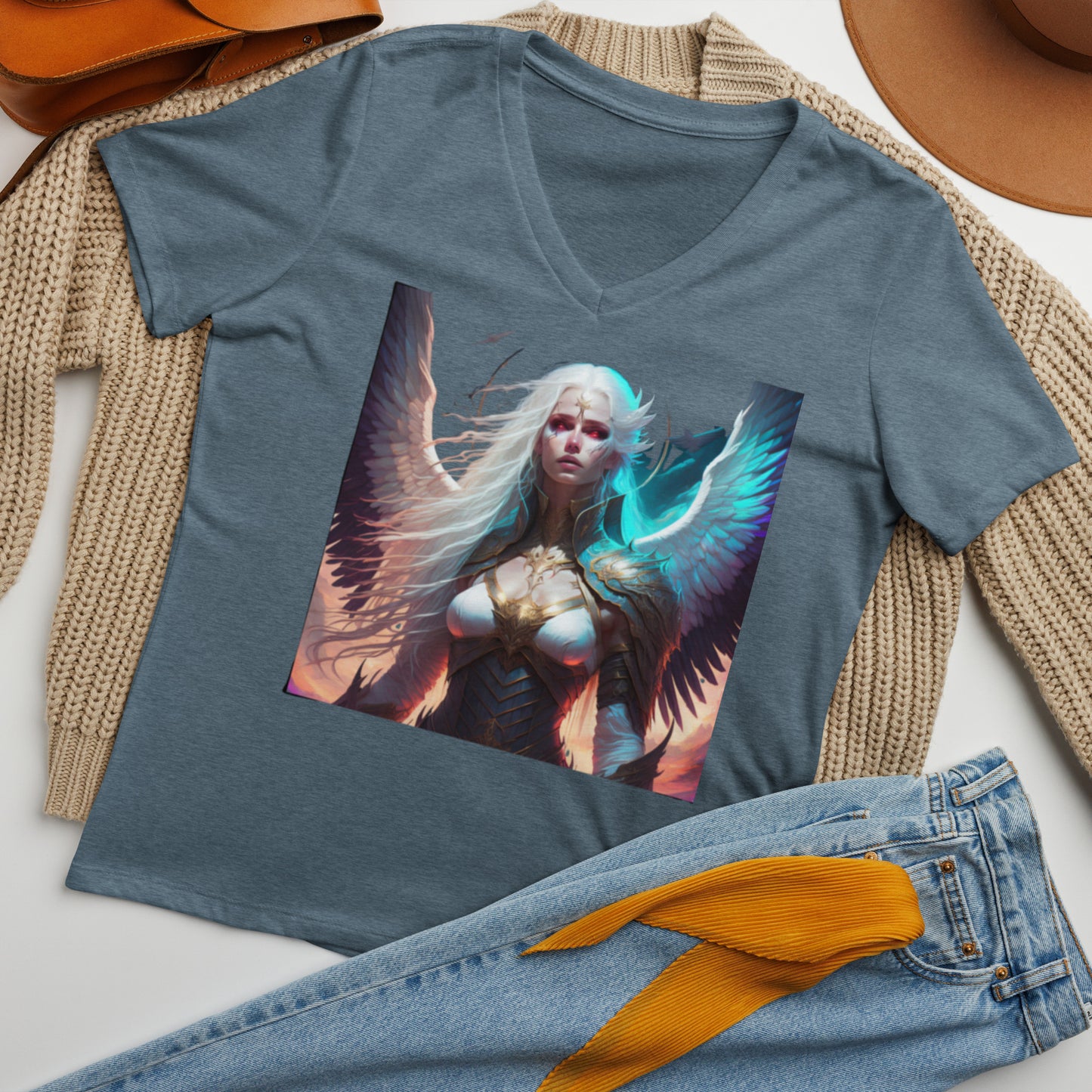 Women’s relaxed v-neck t-shirt, Angel "Silence and Storm:"