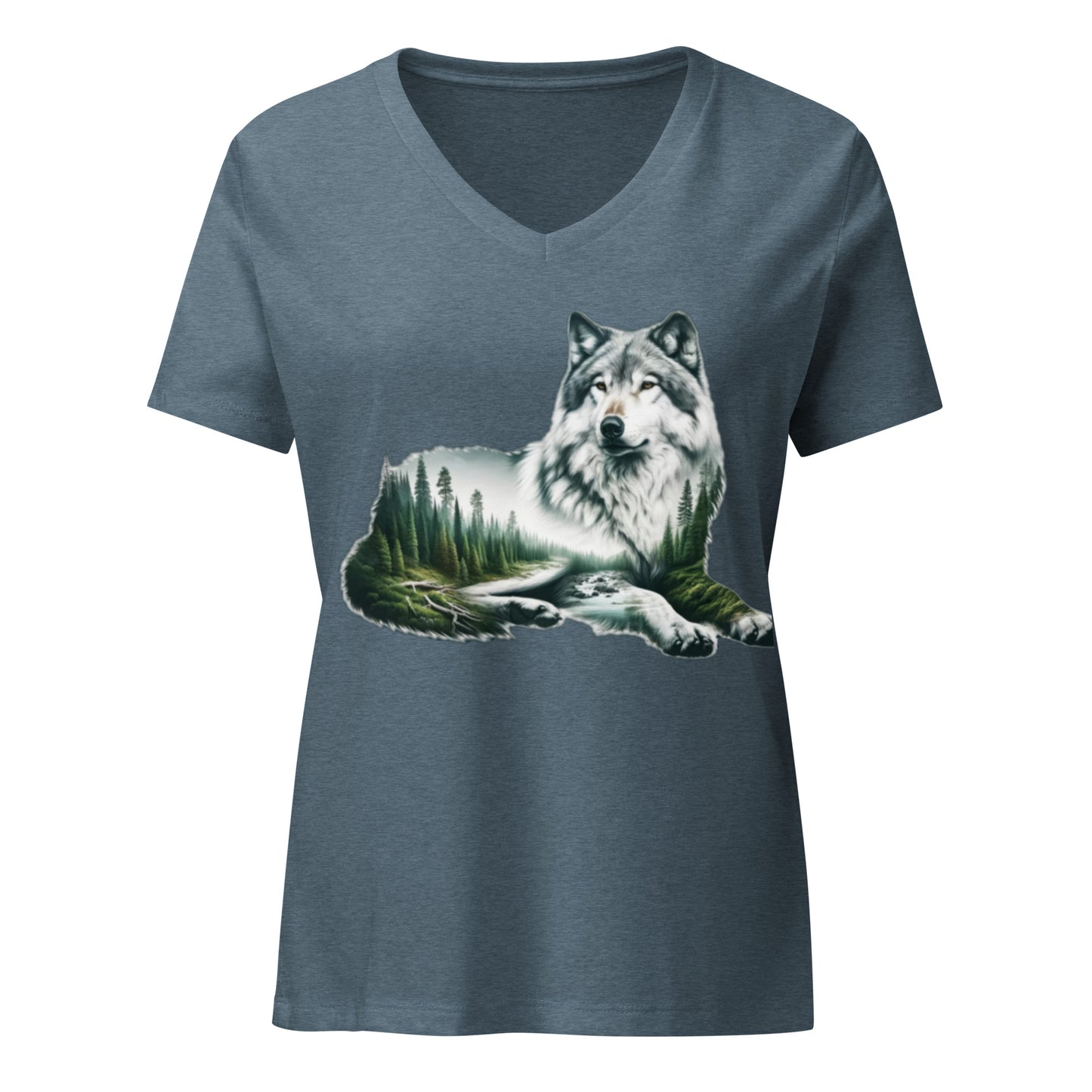 Women’s relaxed v-neck t-shirt, Wolf by the River