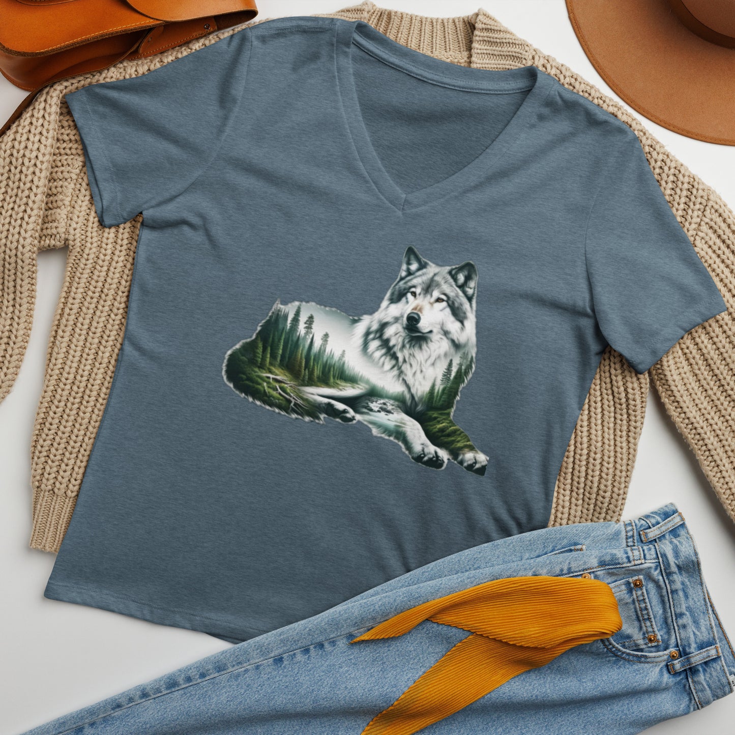 Women’s relaxed v-neck t-shirt, Wolf by the River