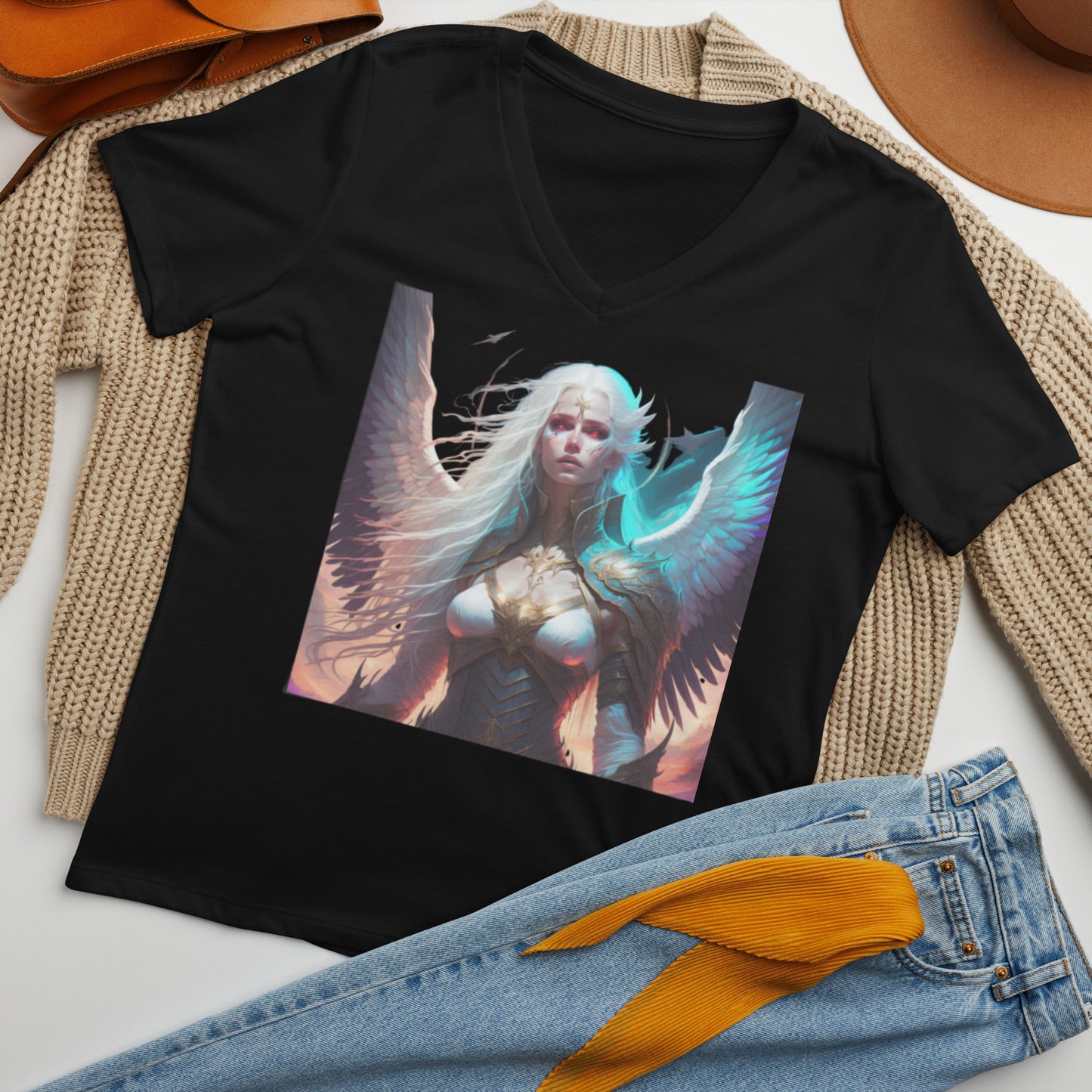 Women’s relaxed v-neck t-shirt, Angel "Silence and Storm:"