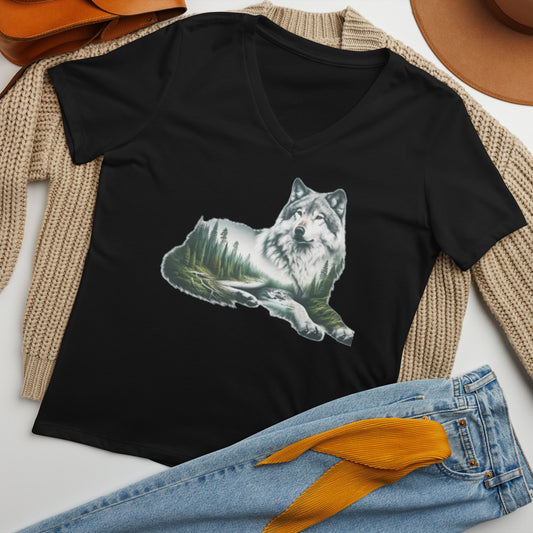 Women’s relaxed v-neck t-shirt, Wolf by the River