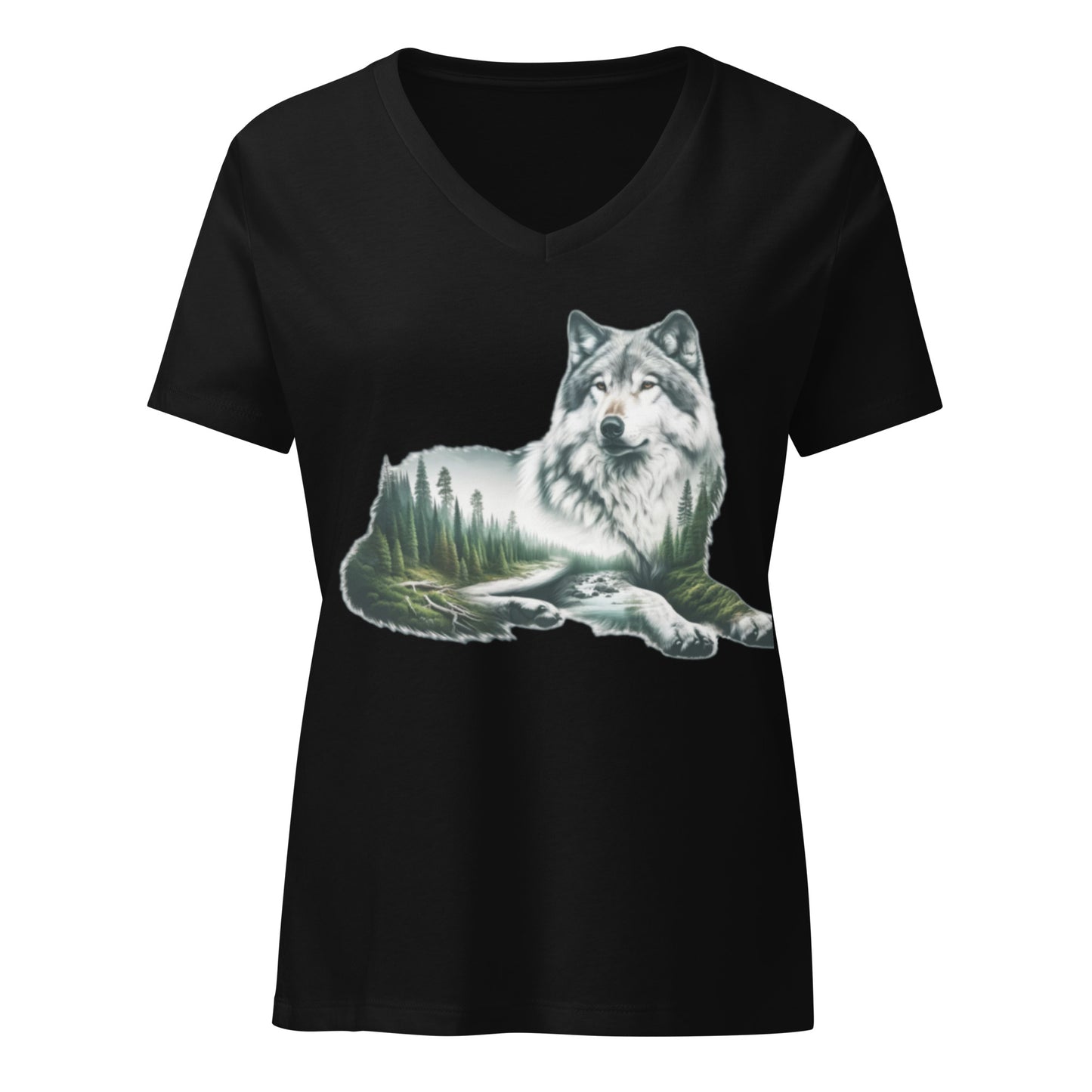 Women’s relaxed v-neck t-shirt, Wolf by the River