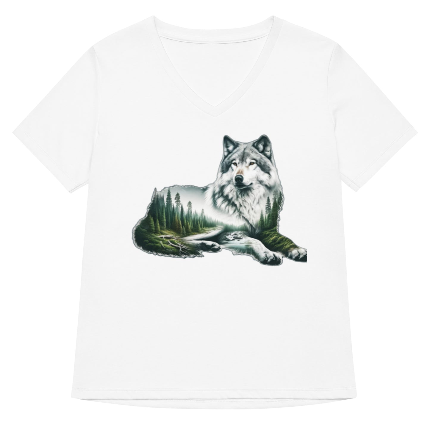 Women’s relaxed v-neck t-shirt, Wolf by the River