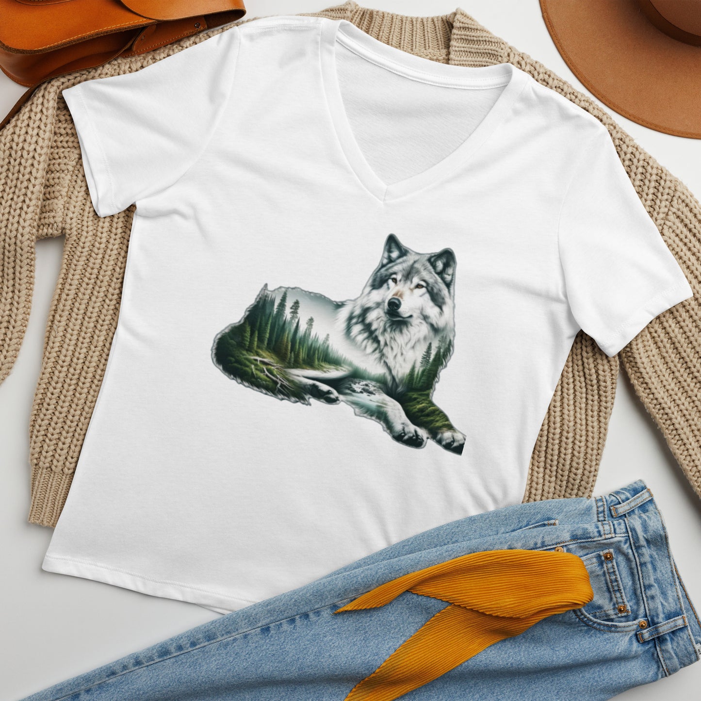 Women’s relaxed v-neck t-shirt, Wolf by the River