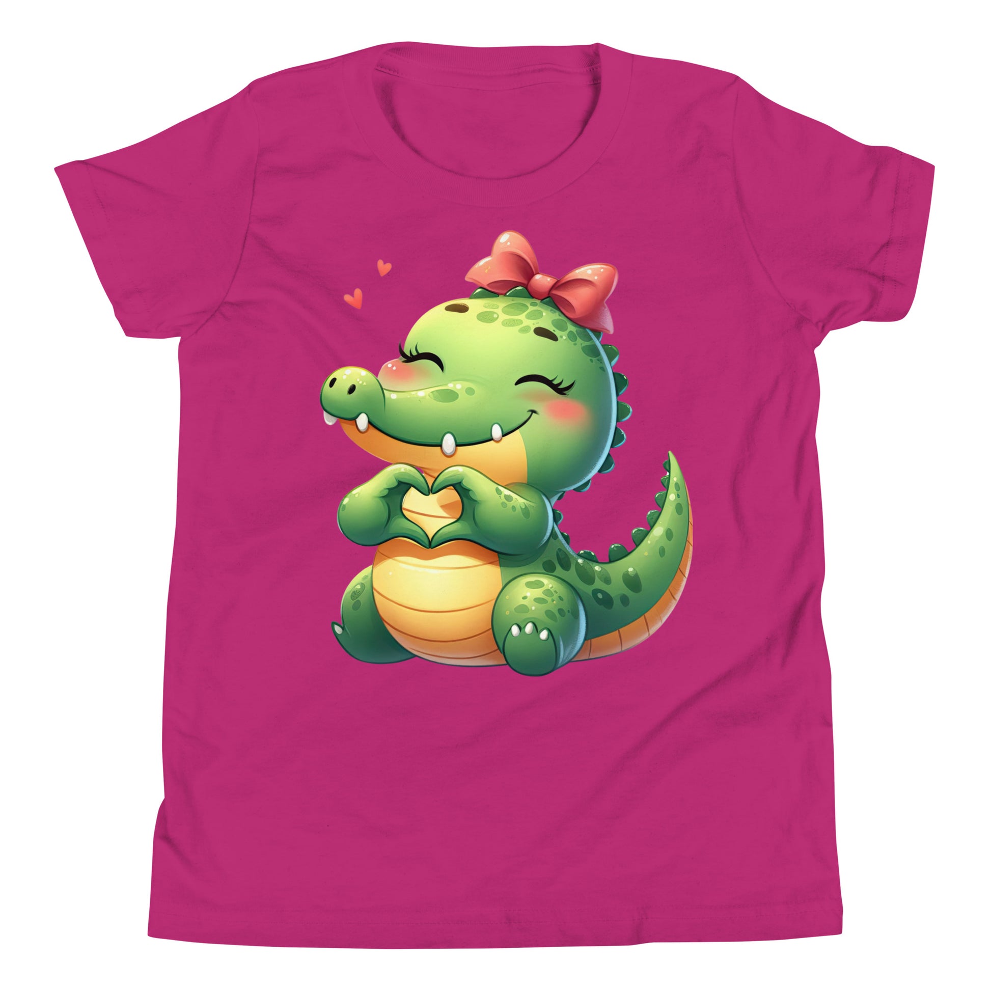 Alligator with Heart Hands Image on Youth Short Sleeve T_Shirt Color Bright Pink at CarolinesArtnStuff.com