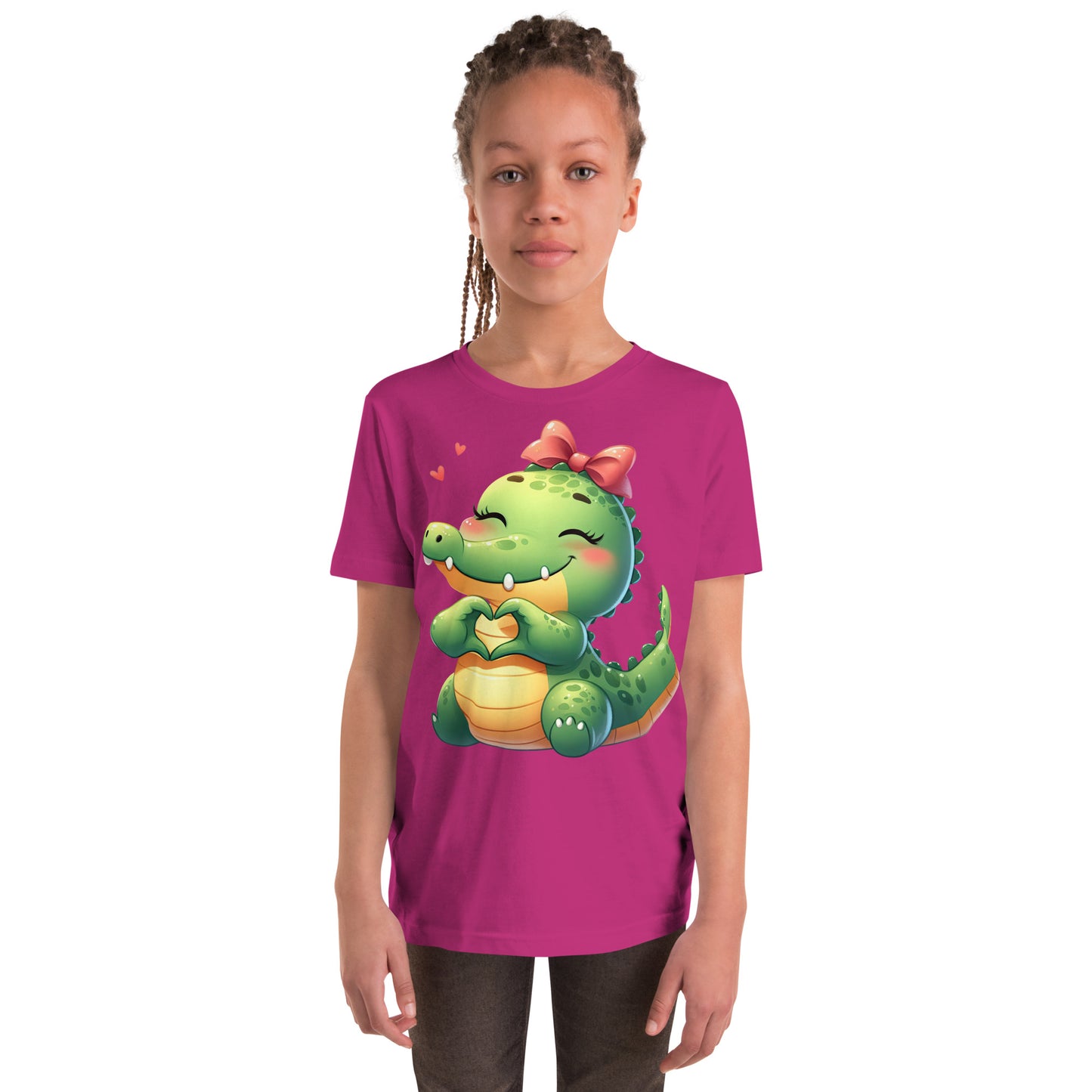 Alligator with Heart Hands Image on Youth Short Sleeve T_Shirt Color Bright Pink at CarolinesArtnStuff.com