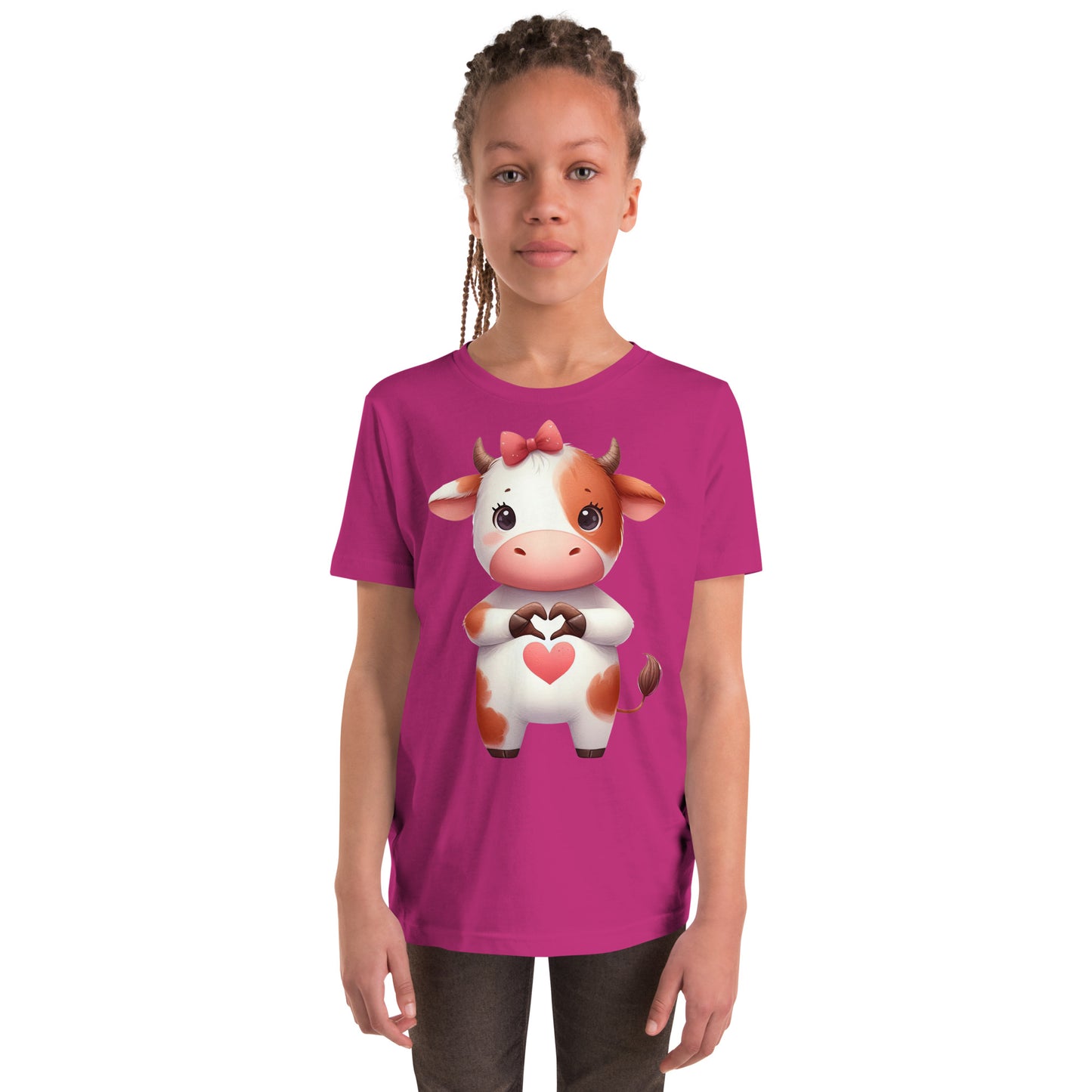 Youth Short Sleeve T-Shirt -Cow with "Heart Hands"