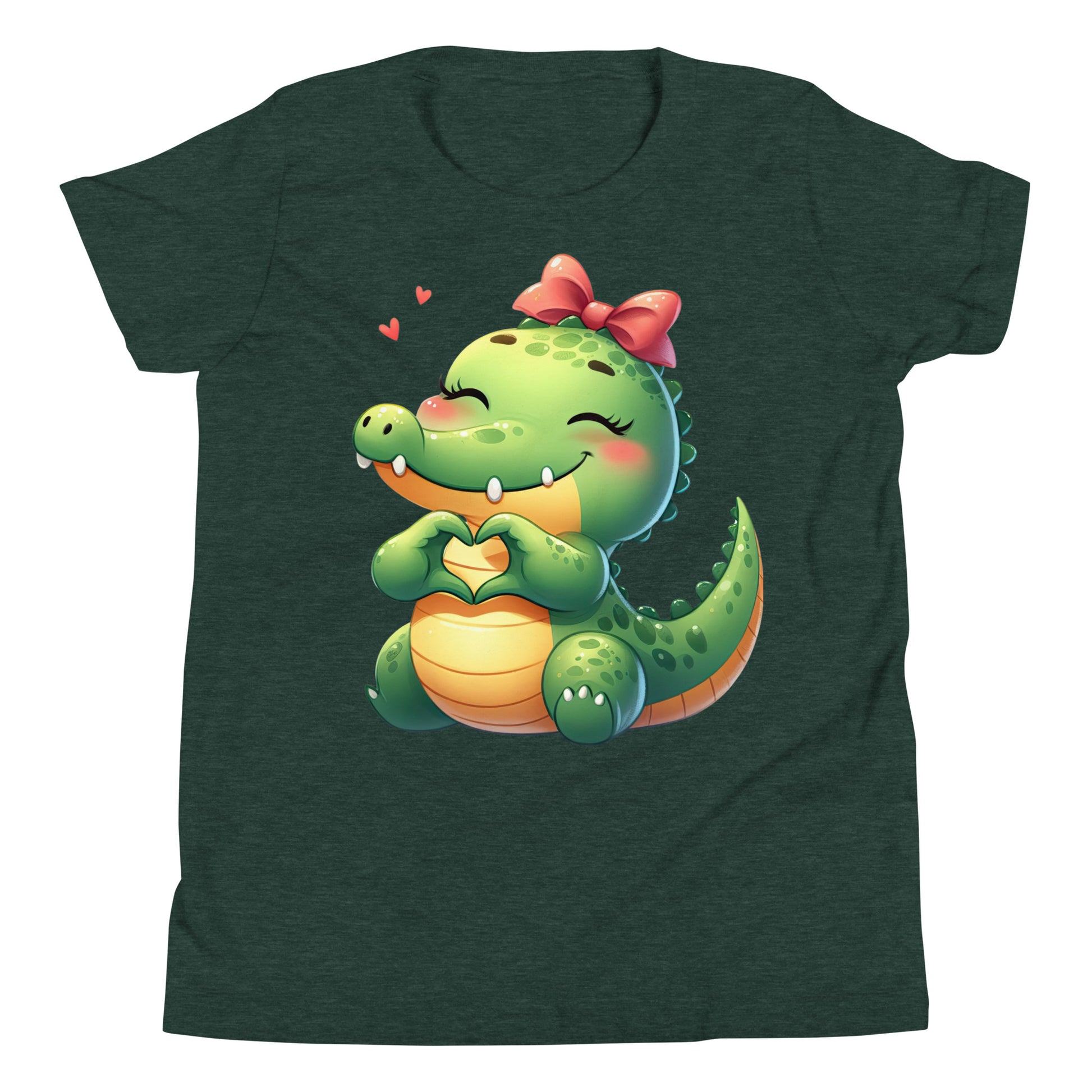 Alligator with Heart Hands Image on Youth Short Sleeve T_Shirt Color Dk Green at CarolinesArtnStuff.com