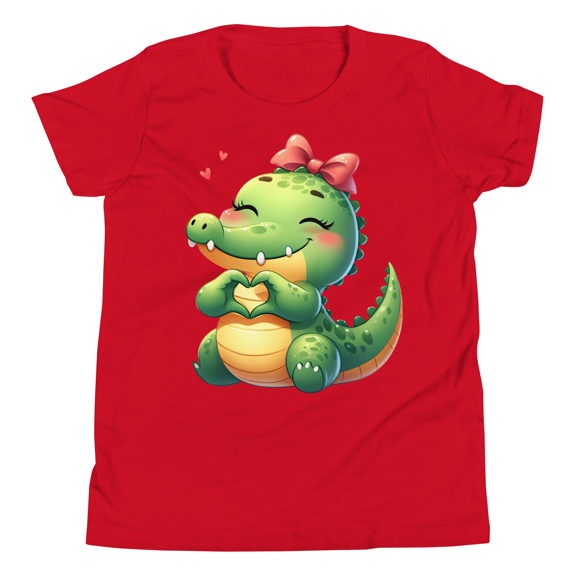 Alligator with Heart Hands Image on Youth Short Sleeve T_Shirt Color Red at CarolinesArtnStuff.com