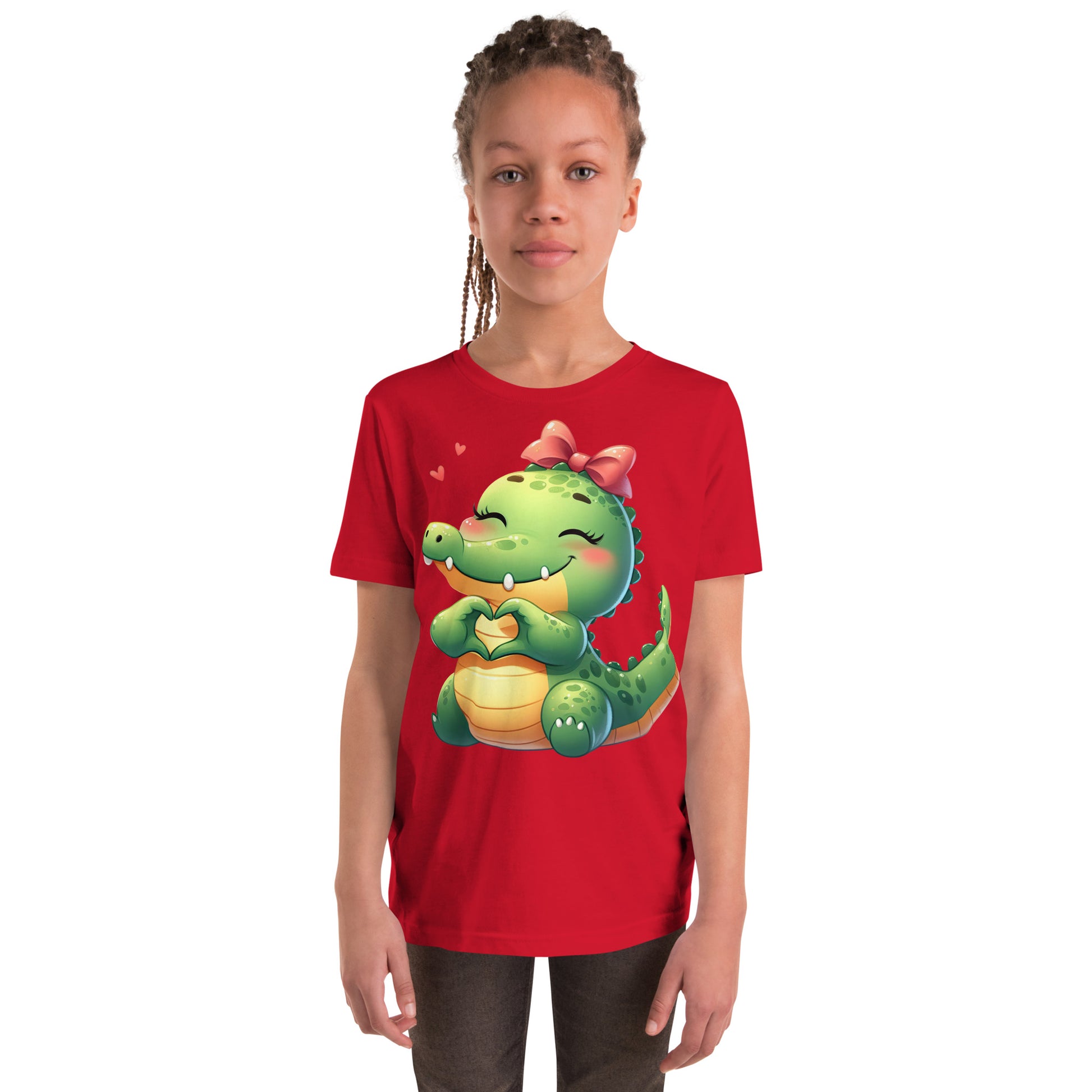 Alligator with Heart Hands Image on Youth Short Sleeve T_Shirt Color Red at CarolinesArtnStuff.com