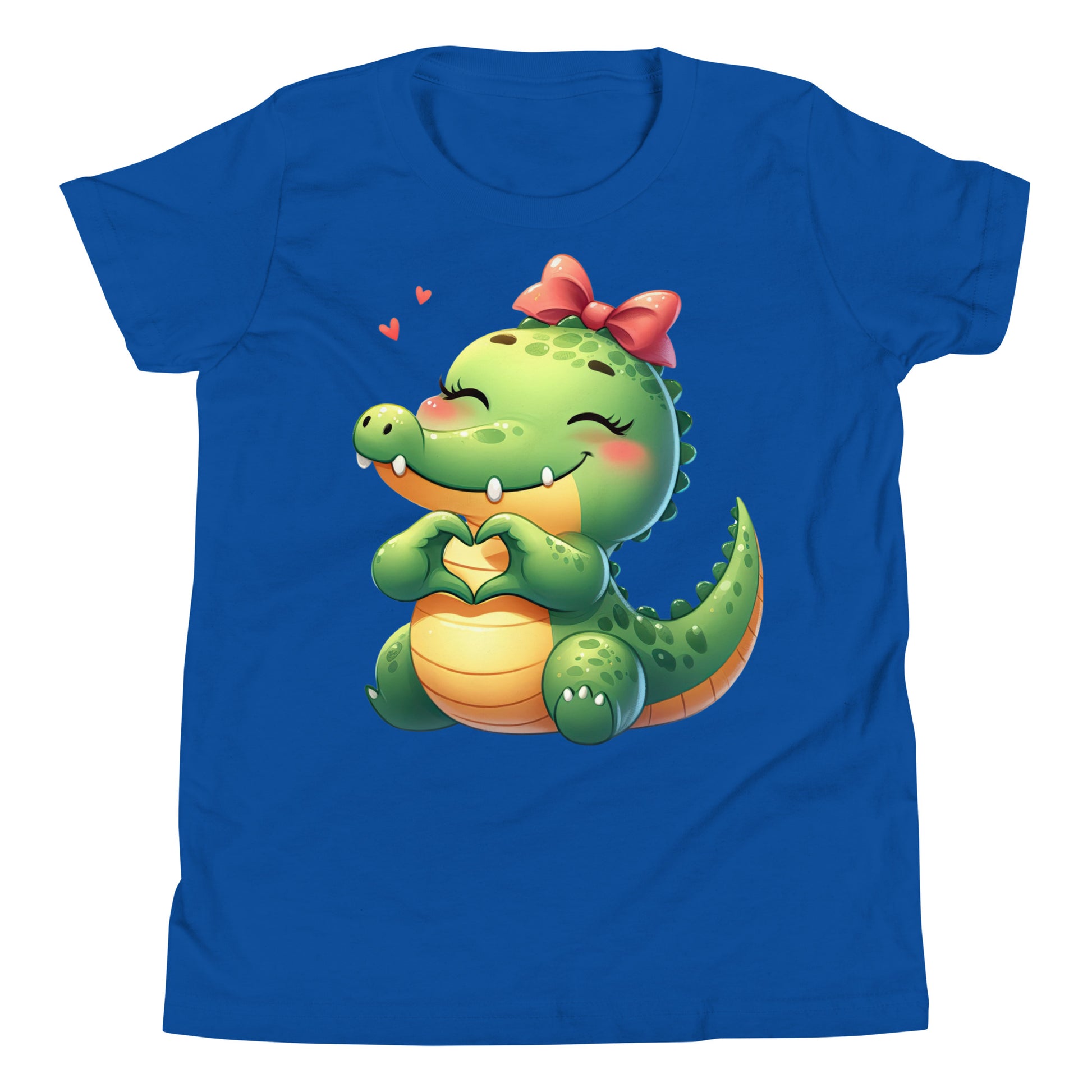 Alligator with Heart Hands Image on Youth Short Sleeve T_Shirt Color Blue at CarolinesArtnStuff.com