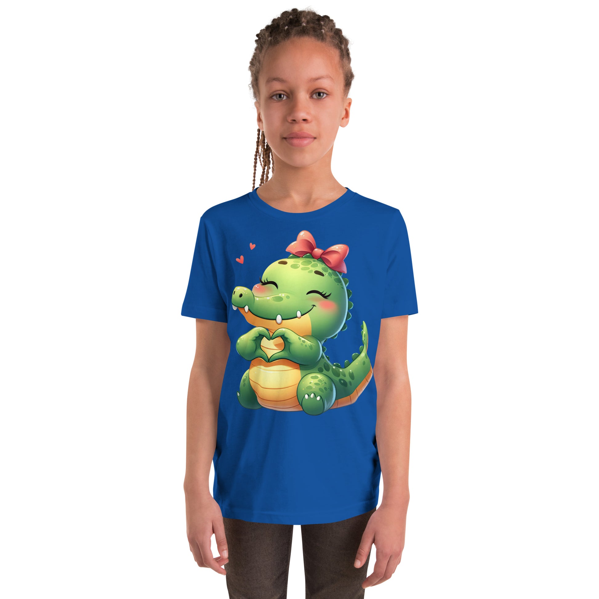 Alligator with Heart Hands Image on Youth Short Sleeve T_Shirt Color Blue at CarolinesArtnStuff.com