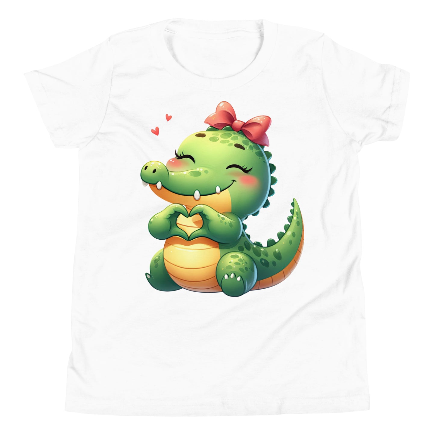 Alligator with Heart Hands Image on Youth Short Sleeve T_Shirt Color White at CarolinesArtnStuff.com